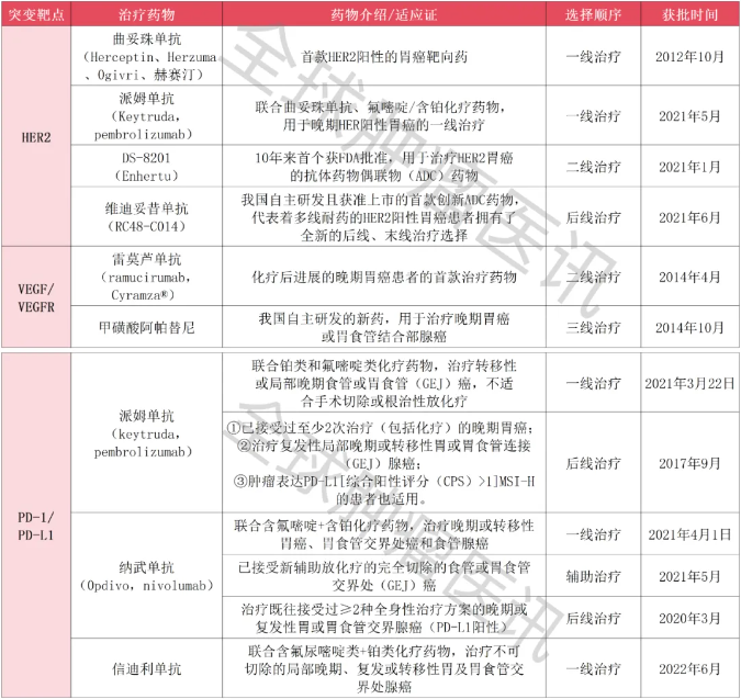 已上市的胃癌靶向和免疫治疗药物