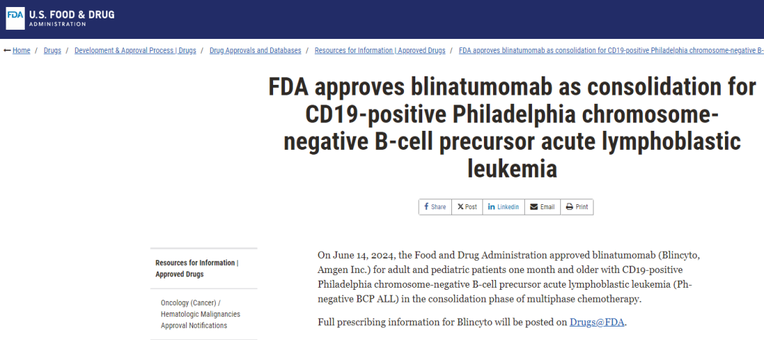 2024年6月14日FDA批准双特异性抗体注射用贝林妥欧单抗